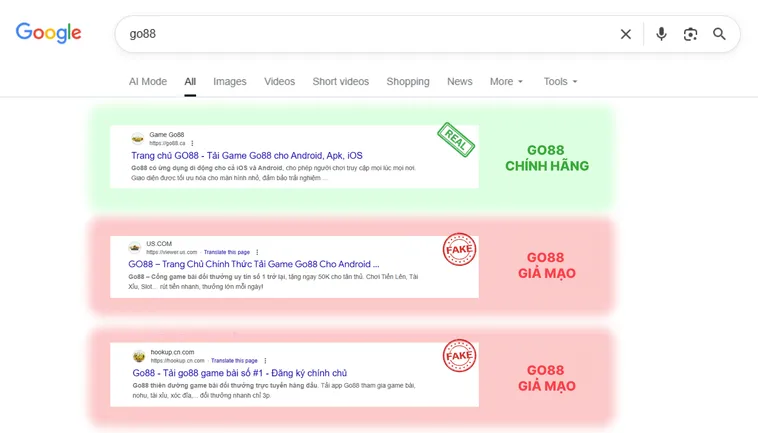 Cách Phân Biệt Website Go88 Thật Và Giả Tránh Mất Tiền Oan 3 Link thật Go88.com ngắn gọn, dễ đọc, còn link giả Go88.com dài, chứa ký tự đặc biệt hoặc số rối.